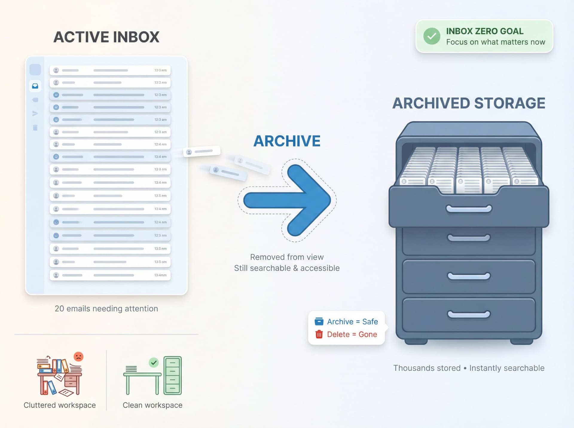 Email archiving workflow showing the journey from active inbox to archived storage with inbox zero philosophy visualization