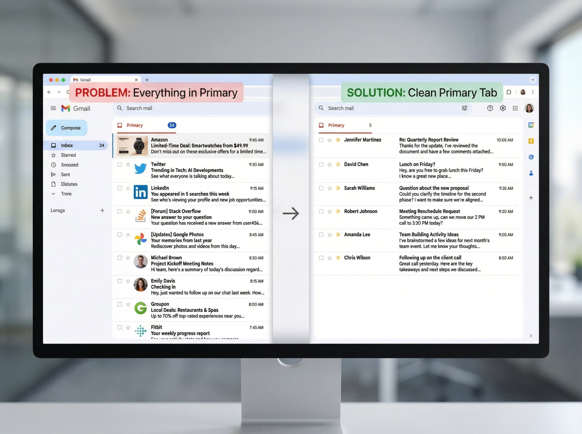 Side-by-side comparison of cluttered Gmail Primary tab showing mixed categories versus clean organized Primary tab after applying filters